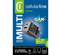 Cellularline | Chargeur Secteur Multipower Micro | Super Fast Charger 30 W avec 2 Ports USB-C - Équipé de la Technologie Gan - Compatible avec Smartphone, iPhone, Tablet, iPad et MacBook