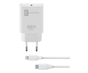 Cellularline USB-C Charger Kit 20W - USB-C to Lightning - iPhone 8 or later Chargeur secteur avec port USB-C 20W pour recharger à la vitesse maximale les iPhones8 et modèles suivants avec un câble USB