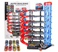 CELMAN Garage de Jeu Multiniveau pour Enfants - Parking de Jouets avec Ascenseur Manuel, Inclut 8 Voitures en Métal, Hélicoptère et Accessoires, Jouet pour Enfants de 3 4 5 6 7 8 Ans