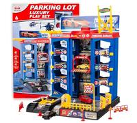 CELMAN Garage de Jeu pour Enfants - Parking de Jouets Multifonctionnel avec Ascenseur et Atelier, Inclus 3 Voitures en Métal, Hélicoptère et Accessoires, Jouet pour Enfants de 3 4 5 6 7 8 Ans