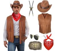 Celvibe Costume de cowboy pour homme - Costume de cowboy occidental avec gilet à franges, chapeau, foulard, lunettes, hippie pour carnaval, Halloween, cosplay (marron, taille M)