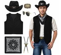 Celvibe Costume de cowboy pour homme - Costume de cowboy occidental avec gilet à franges, chapeau, foulard, lunettes, hippie pour carnaval, Halloween, cosplay (noir, taille M)