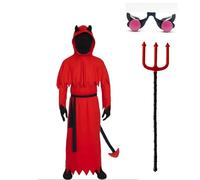 Celvibe Costume de diable pour enfant - Cape de vampire d'Halloween - Rouge - Combinaison avec fourche du diable et lunettes - Accessoire pour Satan - Unisexe - Halloween, carnaval, cosplay - Fête
