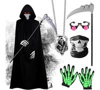 Celvibe Costume de faucheuse pour homme - Cape noire avec masque de tête de mort et gants - Cape d'Halloween avec capuche - Adulte - Pour Halloween, fête, cosplay (noir, 170)