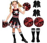 Celvibe Costume de pirate de pom-pom girl pour enfant fille - Tenue de pom-pom girl effrayante et sanglante avec chemisier, chemise - Jupe courte - Noir - Bas pour Halloween, carnaval, cosplay (noir