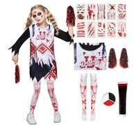 Celvibe Costume de pom-pom girl pour enfant - Costume de zombie pour fille avec horreur - Pompom girl - Bas - Cicatrice de sang - Tatouages temporaires pour Halloween, carnaval, cosplay (noir, taille