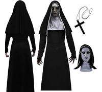 Celvibe Costume d'horreur pour Halloween - Tenue de nonne effrayante - Avec capuche - Masque effrayant - Vêtements pour femmes et adultes - Cosplay - Fête (noir 2, L)