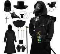 Celvibe Costumes de médecin de la peste, à capuche pour adulte, manteau à capuche noir avec masques en cuir, costume médiéval, steampunk médiéval, pour Halloween, cosplay (noir 1, taille 2XL)