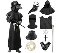 Celvibe Costumes de médecin de la peste avec capuche pour adultes, Manteau noir à capuche avec masques en cuir, Costume médiéval Renaissance Steampunk pour Halloween Cosplay (Noir, L)
