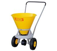Cemo Chariot à sel 35 L, cuve jaune, pneus gonflables, régulateur de dosage 1–4 m