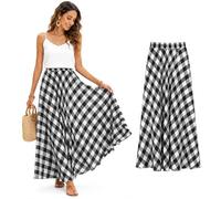 Cemssitu Boho Skirts for Women, Gingham Plaid Maxi Skirt, Flowy A-Line Elastic Waist Summer Beach Skirt (Black,S)