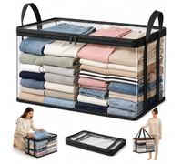 Cemssitu Large Clear Clothes Storage Bag with Zipper Lid and Handles, Stackable Foldable Storage Bin Tote for Blankets, Clothes, Moving, College Dorm and Home Organization (Black)