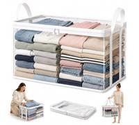 Cemssitu Large Clear Clothes Storage Bag with Zipper Lid and Handles, Stackable Foldable Storage Bin Tote for Blankets, Clothes, Moving, College Dorm and Home Organization (White)