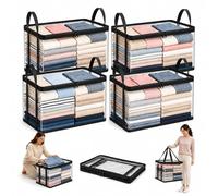 Cemssitu Large Clear Clothes Storage Bag with Zipper Lid and Handles, Stackable Foldable Storage Bin Tote for Blankets, Clothes, Moving, College Dorm and Home Organization (Black,4pcs)