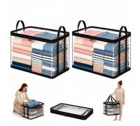 Cemssitu Large Clear Clothes Storage Bag with Zipper Lid and Handles, Stackable Foldable Storage Bin Tote for Blankets, Clothes, Moving, College Dorm and Home Organization (Black,2pcs)