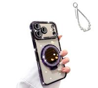 Cemssitu Magnetic Luxury Glitter Case with Makeup Mirror for iPhone 17 16 15, Bling Diamond Rhinestone Case for Women, Built-in Kickstand&Camera Protector, Slim Sparkly Protective Cover (17,Purple)