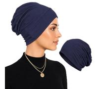 Cemssitu Soft Stretch Turban Beanie for Women, Milk Silk Full Coverage Head Wrap, Chemo Sleep for Hair Loss, Anti Slip Hijab Undercap (Navy Blue)