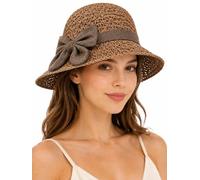 Cemssitu Womens Straw Hat, Foldable Beach Sun Hat with Bow, Packable Summer Accessory for Vacation Travel (Khaki)