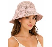 Cemssitu Womens Straw Hat, Foldable Beach Sun Hat with Bow, Packable Summer Accessory for Vacation Travel (Pink)