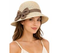 Cemssitu Womens Straw Hat, Foldable Beach Sun Hat with Bow, Packable Summer Accessory for Vacation Travel (Beige)
