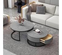 CENAP Lot de 2 Tables Basses gigognes Modernes en Ardoise, Tables d'appoint empilables avec tiroir de Rangement, Tables gigognes, Table Ronde avec Base en métal Finition marbre pour Petit Espace.