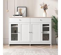 Cenbunsh Buffet grain de bois blanc, quatre portes, avec deux tiroirs, porte en verre, salon, salle à manger, couleur bois et blanc