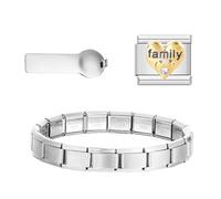 CENCERY Kit de démarrage 3 en 1 pour breloques italiennes, bracelet en acier inoxydable doré de 9 mm, 6 breloques et outil d'ouverture (Famille)