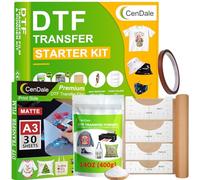 CenDale DTF Kit de film de transfert en poudre - 30 feuilles de film A3 DTF pour sublimation, poudre DTF blanche moyenne de 397 g, kit de démarrage DTF pour imprimante DTF/sublimation, papier DTF à