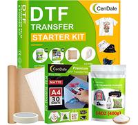 CenDale DTF Kit de film de transfert et poudre - 30 feuilles A4, 397 g, poudre DTF blanche, transfert direct sur film pour n'importe quel tissu