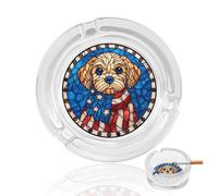 Cendrier décoratif portable en vitrail représentant un adorable chiot portant une écharpe étoilée. Idéal pour la maison ou le bureau.