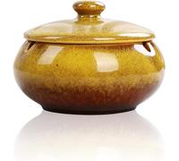 Cendrier en céramique avec couvercle - Cendrier coupe-vent et anti-odeurs - Design élégant émaillé pour l'intérieur et l'extérieur - Résistant à la chaleur - 9 x 11,5 cm (Jaune)