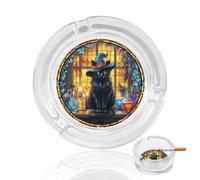 Cendrier en verre avec motif chat noir portant un chapeau de sorcière pour cigarettes - Cendrier décoratif portable pour la maison et le bureau