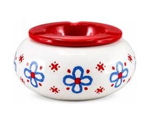 Cendrier Faye marocain en céramique blanc décor floral bleu et rouge - D. 15 x H. 8 cm BLANC G