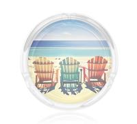 Cendrier rond en verre imprimé scène de plage avec chaises pour la maison, le bureau, le salon, les voitures, tables basses décoratives