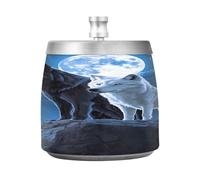 Cendrier Wolf noir blanc lune bleu avec couvercle coupe-vent en acier inoxydable inodore sans fumée pour la maison, le bureau, les cigarettes, terrasse, extérieur balcon