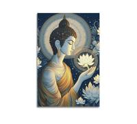 CENGLIS Ligne de bouddhisme religieux - Dessin décoratif Bouddha tenant une statue de lotus, poster d'art mural moderne sur toile, décoration esthétique, peinture 40 x 60 cm, style sans cadre