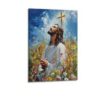 CENGLIS Peinture à l'huile religieuse chrétienne Jésus priant dans un champ de fleurs - Art mural moderne sur toile - Décoration esthétique - 50 x 75 cm - Style cadre