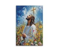 CENGLIS Peinture à l'huile religieuse chrétienne Jésus priant dans un champ de fleurs - Art mural moderne sur toile - Décoration esthétique - 40 x 60 cm - Style sans cadre