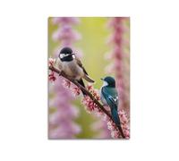 CENGLIS Poster moderne sur toile représentant deux petits oiseaux perchés sur des branches remplies de fleurs, 50 x 75 cm, style sans cadre
