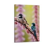 CENGLIS Poster moderne sur toile représentant deux petits oiseaux perchés sur des branches remplies de fleurs, 40 x 60 cm, style cadre