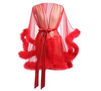 CENGPXGH Peignoir kimono à manches longues avec bordure en fourrure | Robe nuisette transparente en maille avec ceinture en satin, bordure en fausse fourrure, chemise de nuit à manches longues