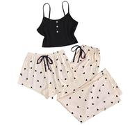 Cenlang Ensemble De Pyjama De Short à Bretelles Trois PièCes Doux Et Mignon Imprimé d'amour pour Femme