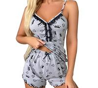 Cenlang Ensemble De VêTements à Bretelles en Soie GlacéE Imprimé d'amour pour Femme, Ensemble De Pyjama Imprimé d'amour Doux