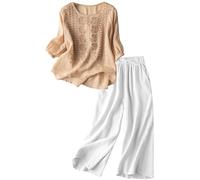 Cenlang Ensemble Deux PièCes DéContracté pour Femme, Haut Brodé Et Pantalon Long en Coton Et Lin Pantalon Large Jean