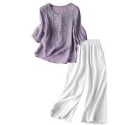 Cenlang Ensemble Deux PièCes DéContracté pour Femme, Haut Brodé Et Pantalon Long en Coton Et Lin Pantalon Large Jean