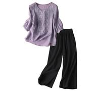 Cenlang Ensemble Deux PièCes en Lin Et Coton à Manches 3/4 pour Femme, Coupe Ample Et DéContractéE, avec Haut Et Pantalon, Respirant Et Confortable, IdéAl Au Quotidien pour Les Vacances à La