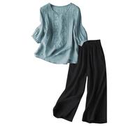 Cenlang Ensemble Deux PièCes en Lin Et Coton à Manches 3/4 pour Femme, Coupe Ample Et DéContractéE, avec Haut Et Pantalon, Respirant Et Confortable, IdéAl Au Quotidien pour Les Vacances à La