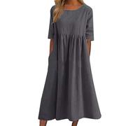 Cenlang Robe Ete Femme Mode Ample Coton Lin Col Rond Demi-Manches Robe Midi