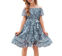 cenozo Robes Filles,Robe en Chiffon à Fleurs sans Manches,Robe d'été avec Sangle Réglable,Décontractée avec Manches Courtes en Forme de Feuille de Lotus pour Filles âgées de 6 à 14 Ans