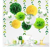 CENPEK Lot de 18 décorations de fête Jaunes et Vertes à Suspendre en Papier éventails lanternes Pompons Fleurs avec Papillon 3D et Guirlande de Feuilles Vertes pour Anniversaire, mariag